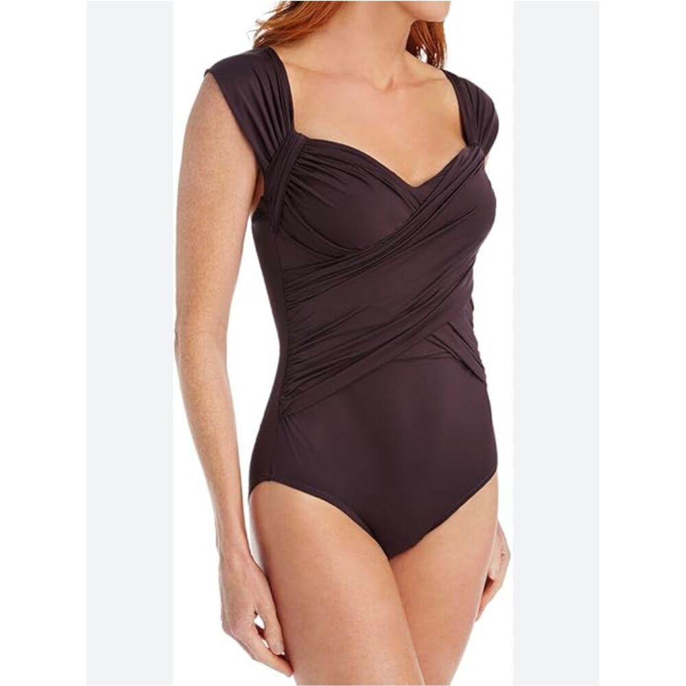 Badgley Mischka Womens Cowl Neck One Piece Swim Suit Swimwear Brown Size 8